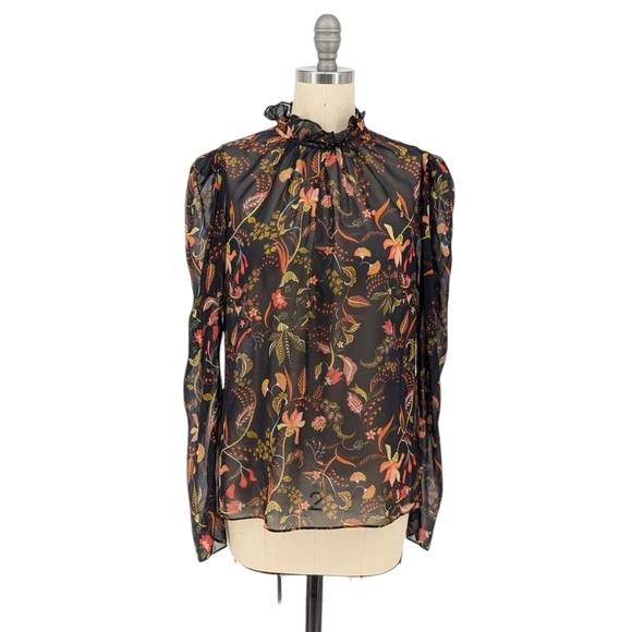 Saloni Floral Silk Chiffon Blouse Top Black Orange 4 bohemian resortwear retro - Picture 1 of 9